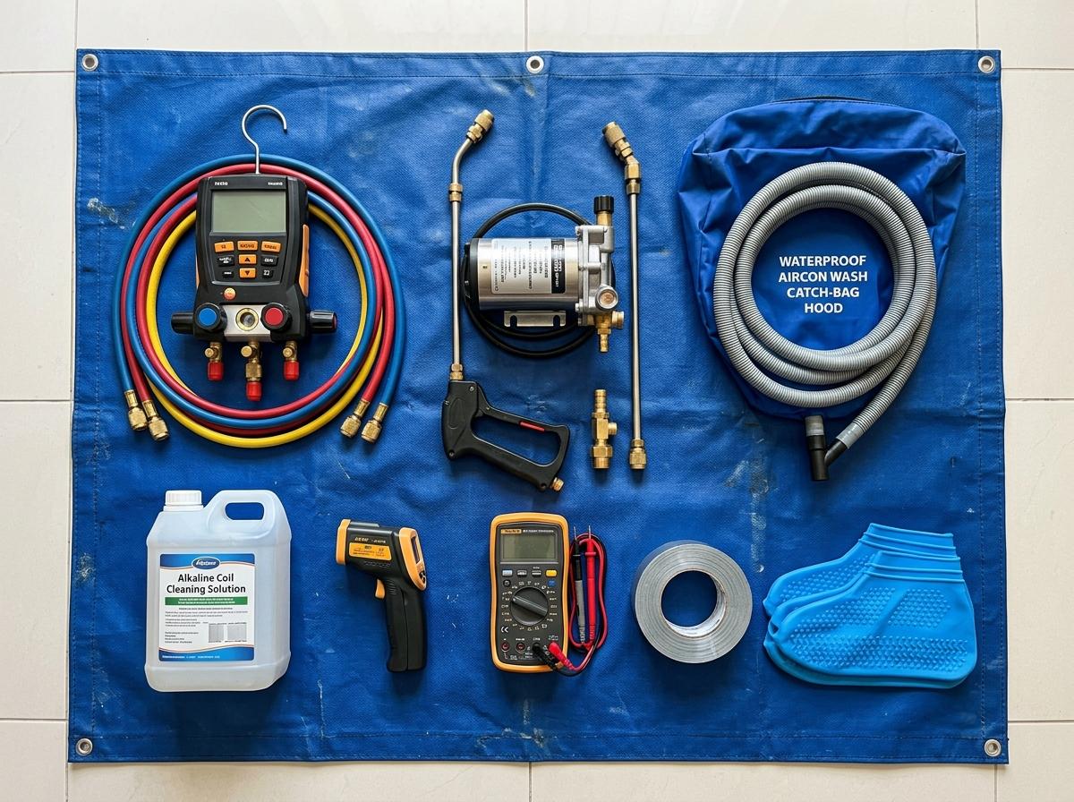 The technician's kit: digital gauges, floor tarps, pump, and cleaner